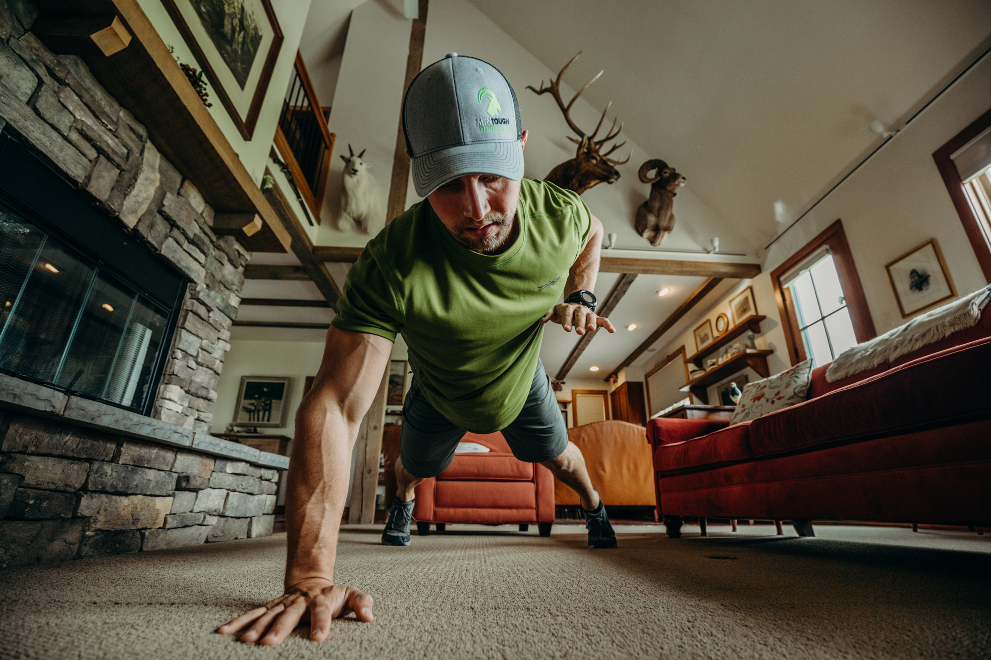 Man does push ups to prepare for strenuous hunting.