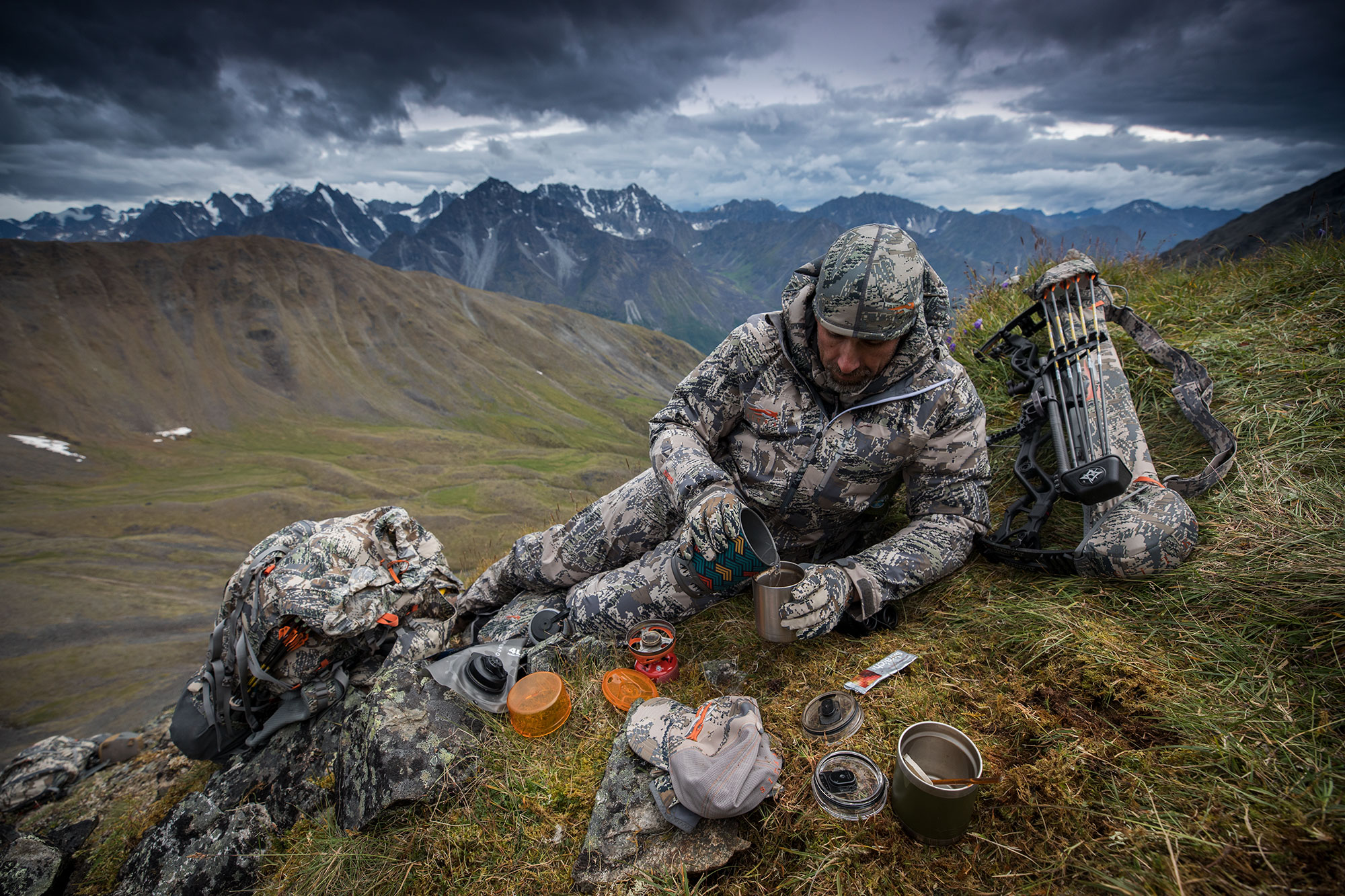 Hunter refuels on a mountainside.