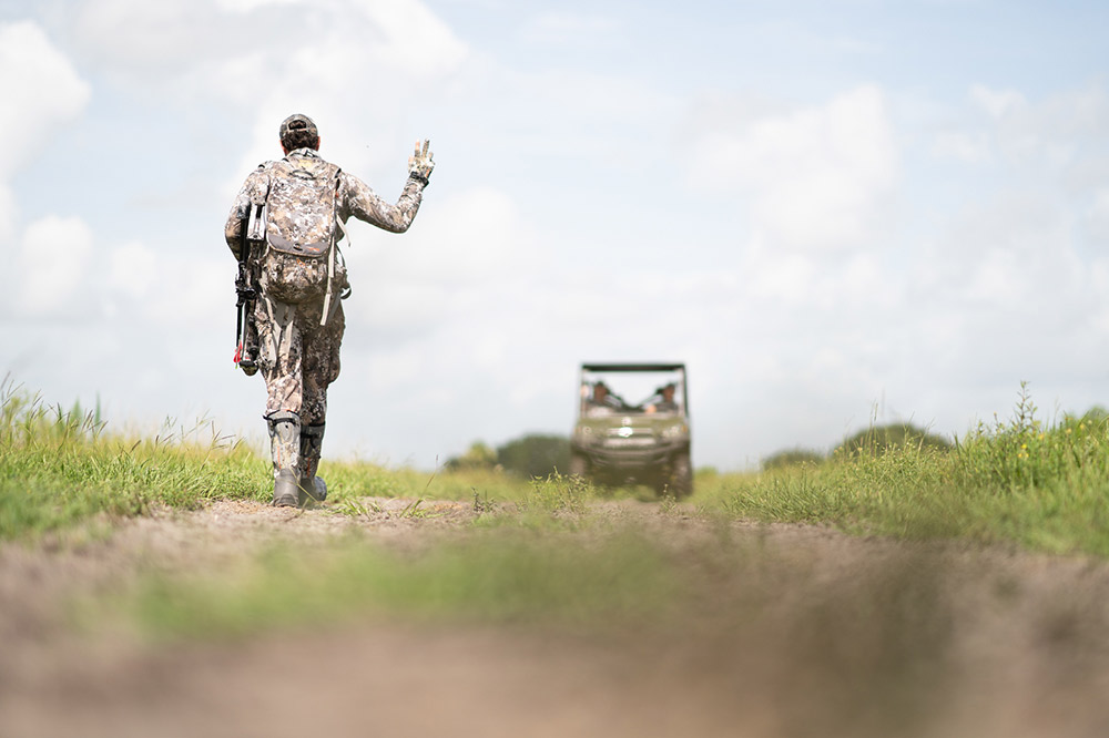 Whitetail hunter flags down a ride in his ESW system.