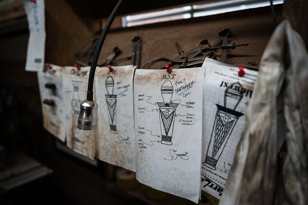 Rich N Tone duck call designs hang in the shop of John Stephens