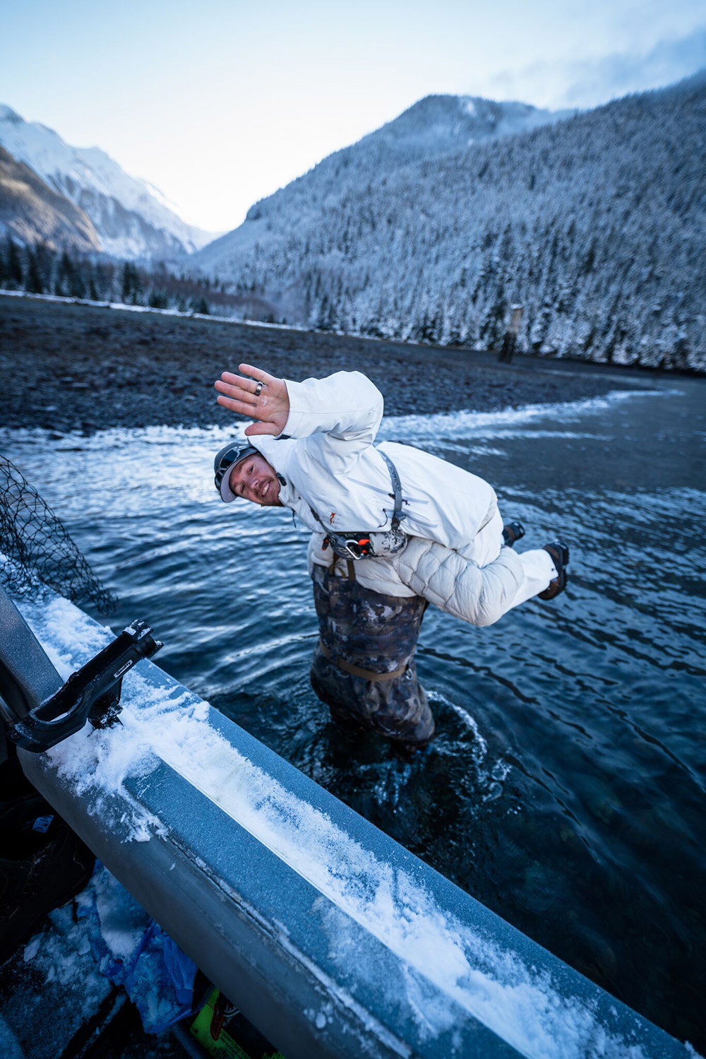 Dustin Roe carried by a fellow hunter in SITKA waders.