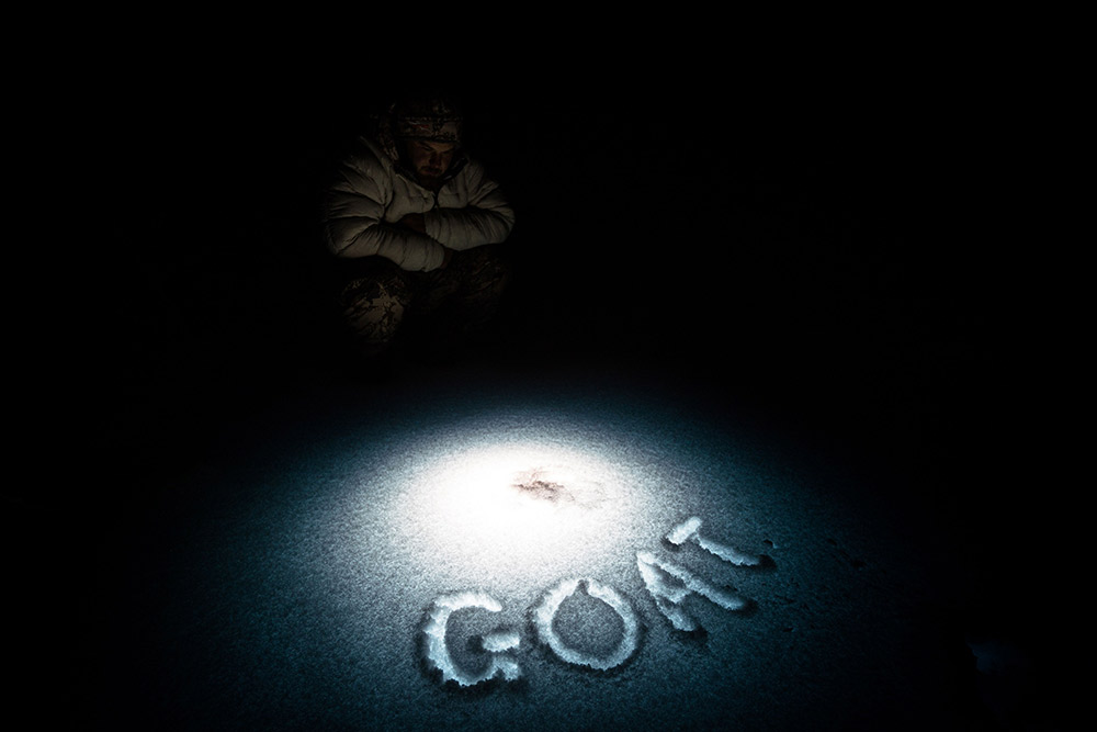 GOAT spelled out in the snow.