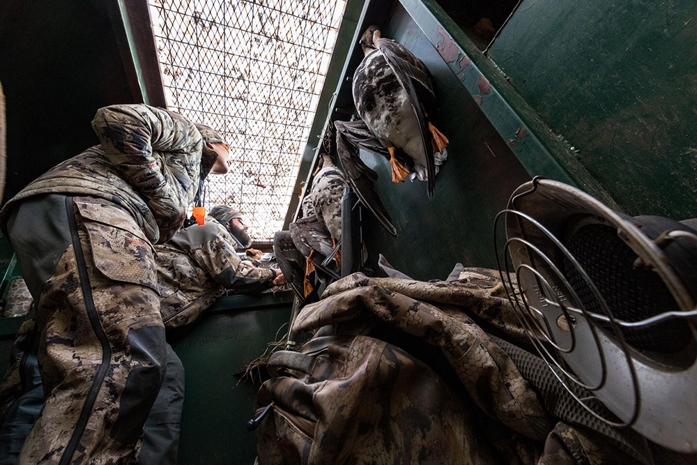 Duck hunters peak at waves of birds out of the blind.